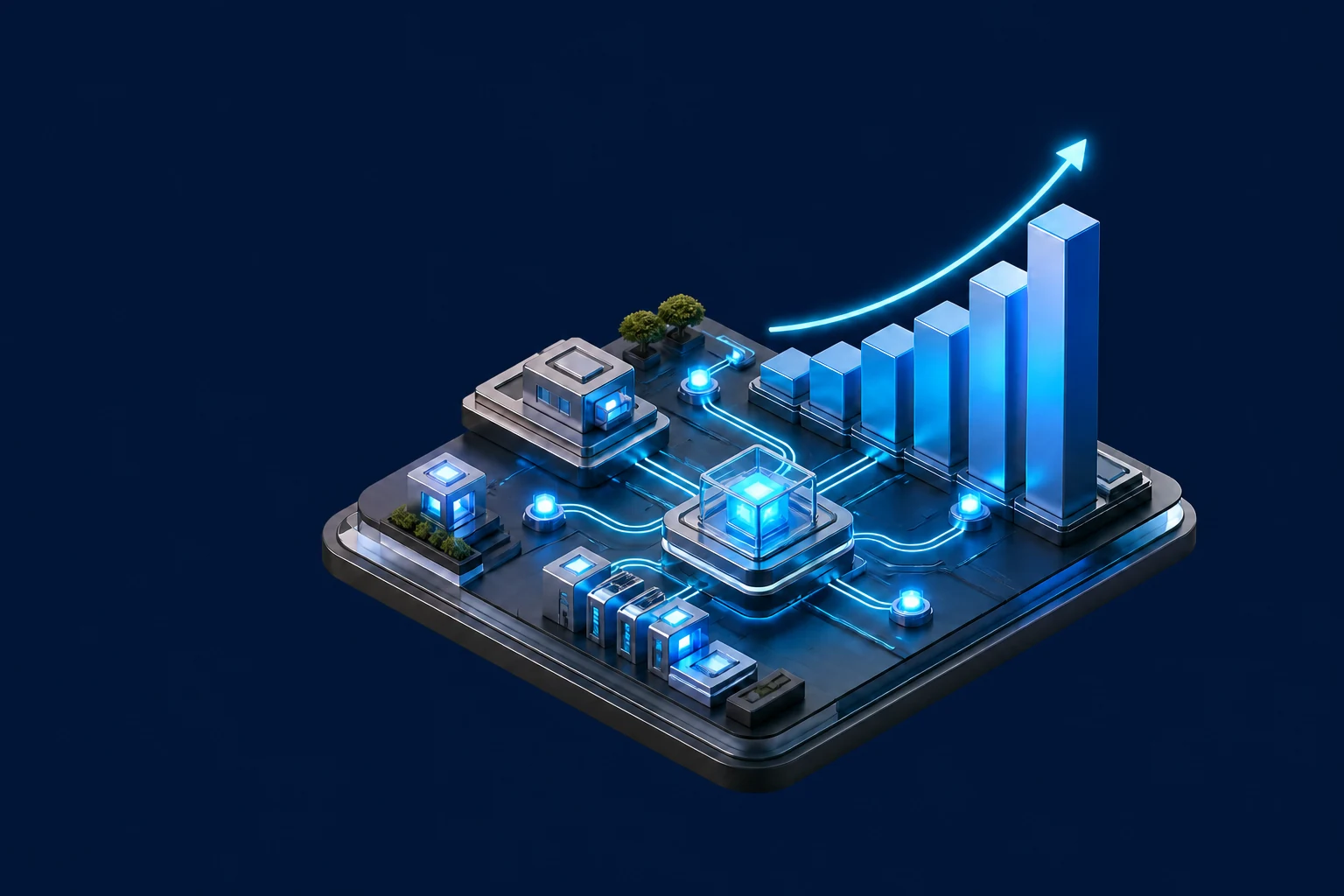 Ilustração isométrica de uma plataforma operacional conectada a um gráfico ascendente.