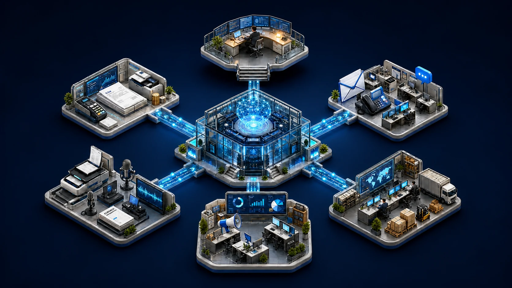 Diorama isométrico de uma central de agentes de IA conectada aos sistemas da empresa, com um gestor acompanhando as exceções.